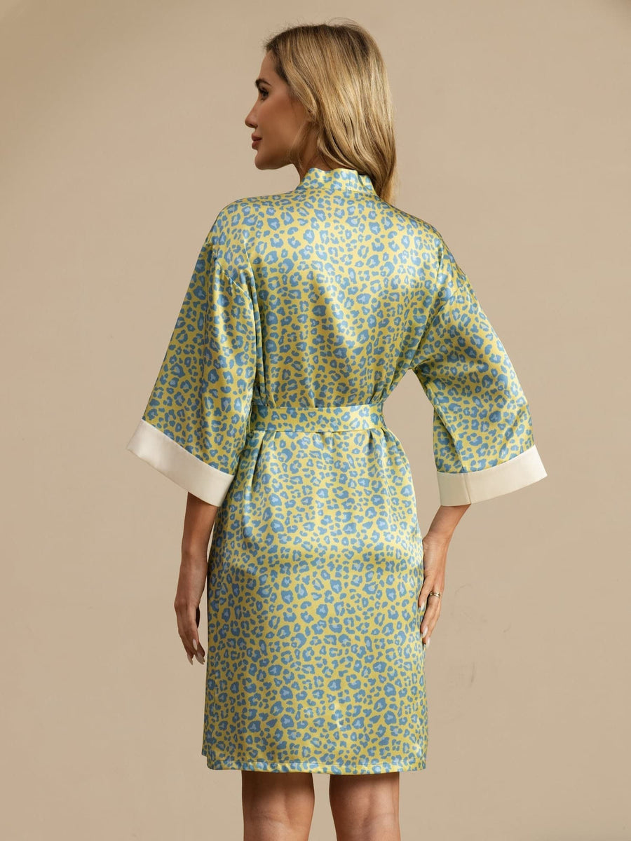 Clearance - 19Momme Pure Silk Women’s Knee Length Kimono Leopard Printed Robe With Belted Design