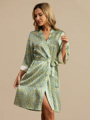 Clearance - 19Momme Pure Silk Women’s Knee Length Kimono Leopard Printed Robe With Belted Design