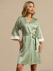 Clearance - 19Momme Pure Silk Women’s Knee Length Kimono Leopard Printed Robe With Belted Design
