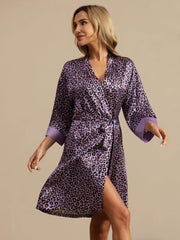 Clearance - 19Momme Pure Silk Women’s Knee Length Kimono Leopard Printed Robe With Belted Design