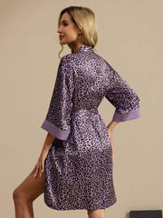 Clearance - 19Momme Pure Silk Women’s Knee Length Kimono Leopard Printed Robe With Belted Design