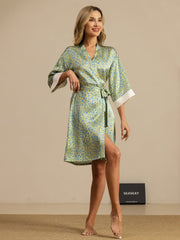 Clearance - 19Momme Pure Silk Women’s Knee Length Kimono Leopard Printed Robe With Belted Design