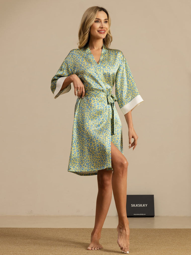 Clearance - 19Momme Pure Silk Women’s Knee Length Kimono Leopard Printed Robe With Belted Design