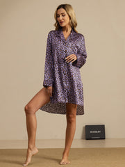 Clearance - 19Momme Pure Silk Women's Leopard Print Nightshirt with High-Low Hem