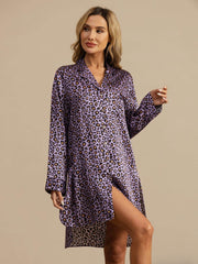 Clearance - 19Momme Pure Silk Women's Leopard Print Nightshirt with High-Low Hem