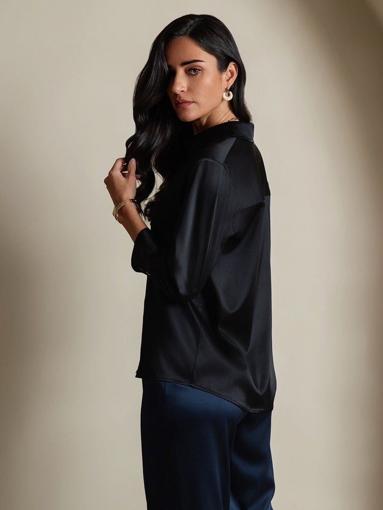 Clearance - 19Momme Silk 3/4 Sleeve Lapel Collar Women's Shirt with Button Up Design