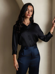 Clearance - 19Momme Silk 3/4 Sleeve Lapel Collar Women's Shirt with Button Up Design