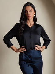 Clearance - 19Momme Silk 3/4 Sleeve Lapel Collar Women's Shirt with Button Up Design