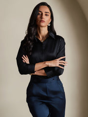 Clearance - 19Momme Silk 3/4 Sleeve Lapel Collar Women's Shirt with Button Up Design