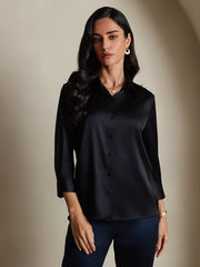 Clearance - 19Momme Silk 3/4 Sleeve Lapel Collar Women's Shirt with Button Up Design