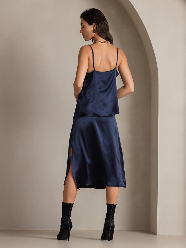 Clearance - 19Momme Silk A Line Long Slit Skirt with Zipper Design