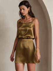 Clearance - 19Momme Silk A Line Mini Skirt with Zipper Design