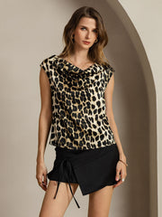Clearance - 19Momme Silk Leopard Print Cap Sleeve Cowl Neck Women's Top