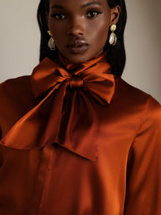 Clearance - 19Momme Silk Long Sleeve High Neck Bow Tie Blouse