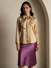 Clearance - 19Momme Silk Long Sleeve High Neck Bow Tie Blouse