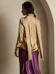 Clearance - 19Momme Silk Long Sleeve High Neck Bow Tie Blouse