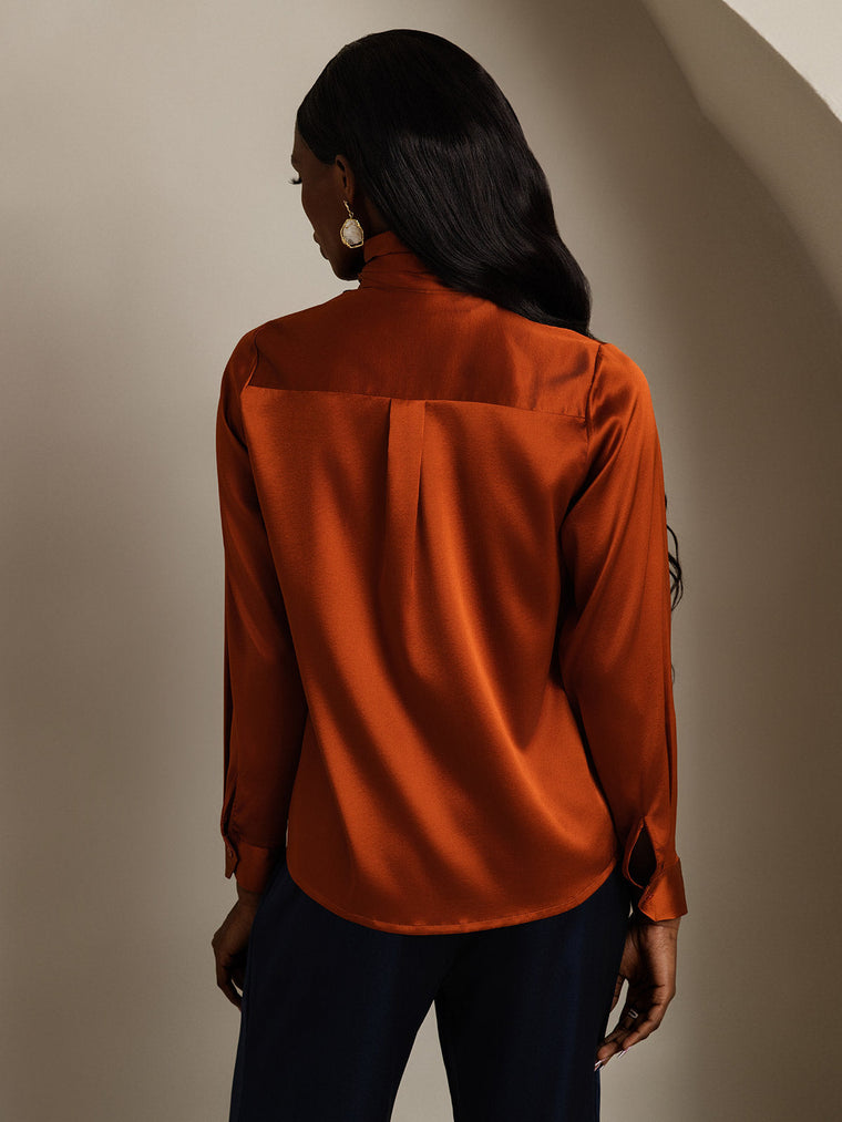 Clearance - 19Momme Silk Long Sleeve High Neck Bow Tie Blouse