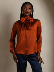 Clearance - 19Momme Silk Long Sleeve High Neck Bow Tie Blouse