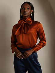 Clearance - 19Momme Silk Long Sleeve High Neck Bow Tie Blouse