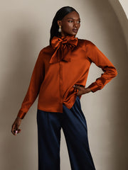 Clearance - 19Momme Silk Long Sleeve High Neck Bow Tie Blouse