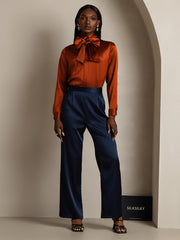 Clearance - 19Momme Silk Long Sleeve High Neck Bow Tie Blouse