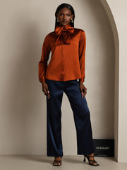 Clearance - 19Momme Silk Long Sleeve High Neck Bow Tie Blouse