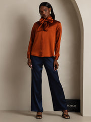 Clearance - 19Momme Silk Long Sleeve High Neck Bow Tie Blouse