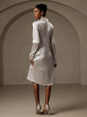 Clearance - 19Momme Silk Long Sleeve Lapel Collar Wrap Dress with Split Design