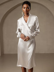 Clearance - 19Momme Silk Long Sleeve Lapel Collar Wrap Dress with Split Design