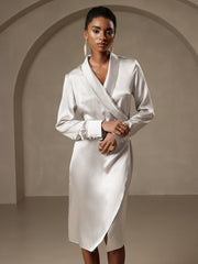 Clearance - 19Momme Silk Long Sleeve Lapel Collar Wrap Dress with Split Design