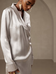 Clearance - 19Momme Silk Long Sleeve Lapel Collar Wrap Dress with Split Design