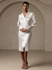 Clearance - 19Momme Silk Long Sleeve Lapel Collar Wrap Dress with Split Design