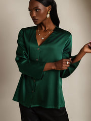 Clearance - 19Momme Silk Long Sleeve V-Neck Blouse