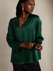 Clearance - 19Momme Silk Long Sleeve V-Neck Blouse