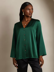 Clearance - 19Momme Silk Long Sleeve V-Neck Blouse