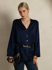 Clearance - 19Momme Silk Long Sleeve V-Neck Blouse