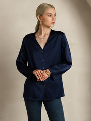 Clearance - 19Momme Silk Long Sleeve V-Neck Blouse