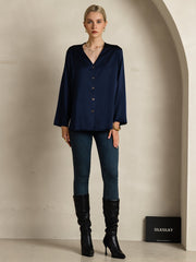 Clearance - 19Momme Silk Long Sleeve V-Neck Blouse