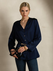 Clearance - 19Momme Silk Long Sleeve V-Neck Blouse