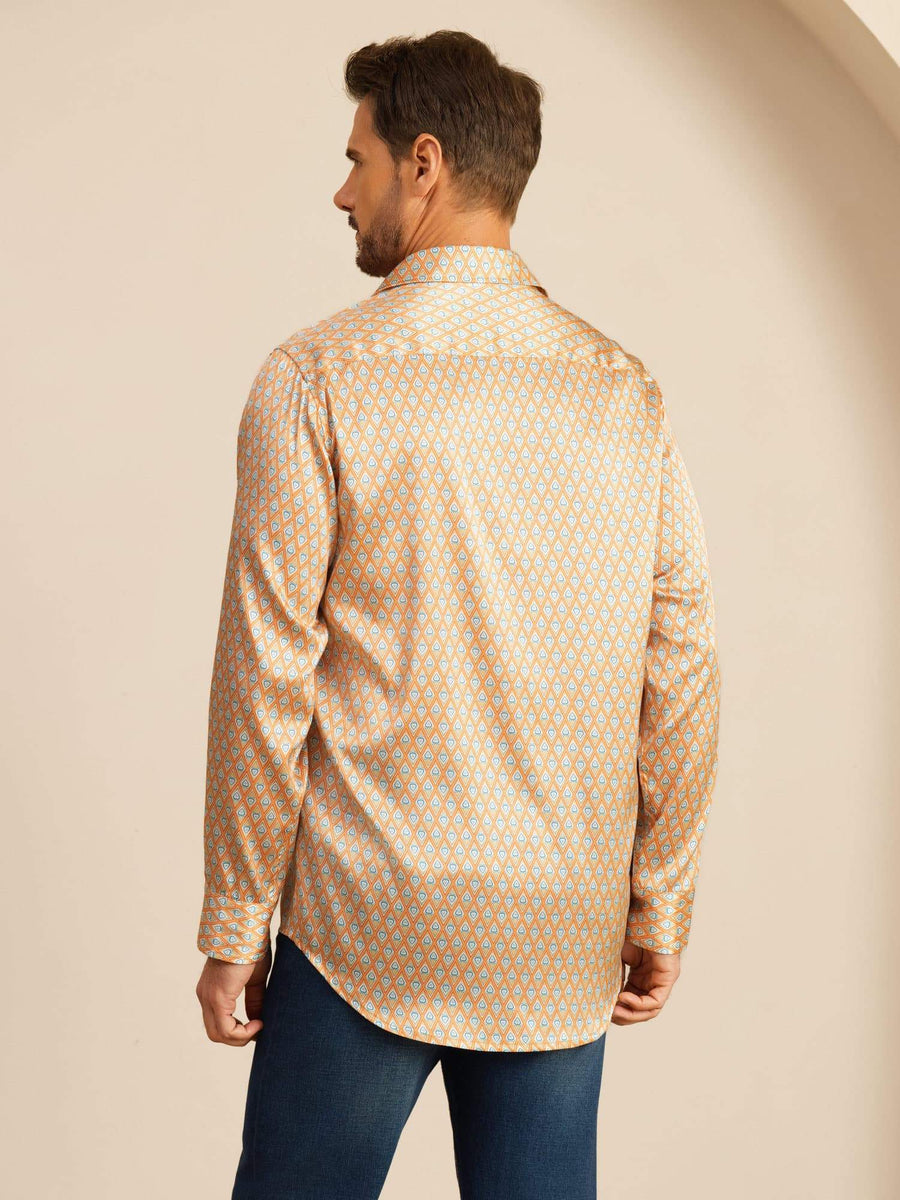 Clearance - 19Momme Silk Men's Long Sleeve Lapel Collar Floral Print Shirt