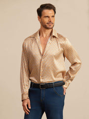 Clearance - 19Momme Silk Men's Long Sleeve Lapel Collar Floral Print Shirt