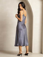 Clearance - 19Momme Silk Navy Ginkgo Print V Neck Adjustable Strap Midi Dress
