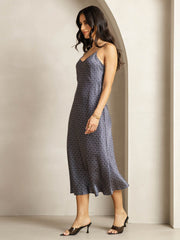 Clearance - 19Momme Silk Navy Ginkgo Print V Neck Adjustable Strap Midi Dress