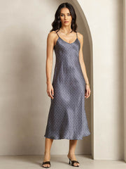 Clearance - 19Momme Silk Navy Ginkgo Print V Neck Adjustable Strap Midi Dress