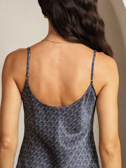 Clearance - 19Momme Silk Navy Ginkgo Print V Neck Adjustable Strap Midi Dress