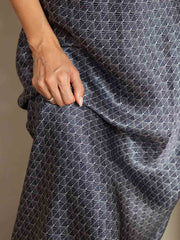 Clearance - 19Momme Silk Navy Ginkgo Print V Neck Adjustable Strap Midi Dress