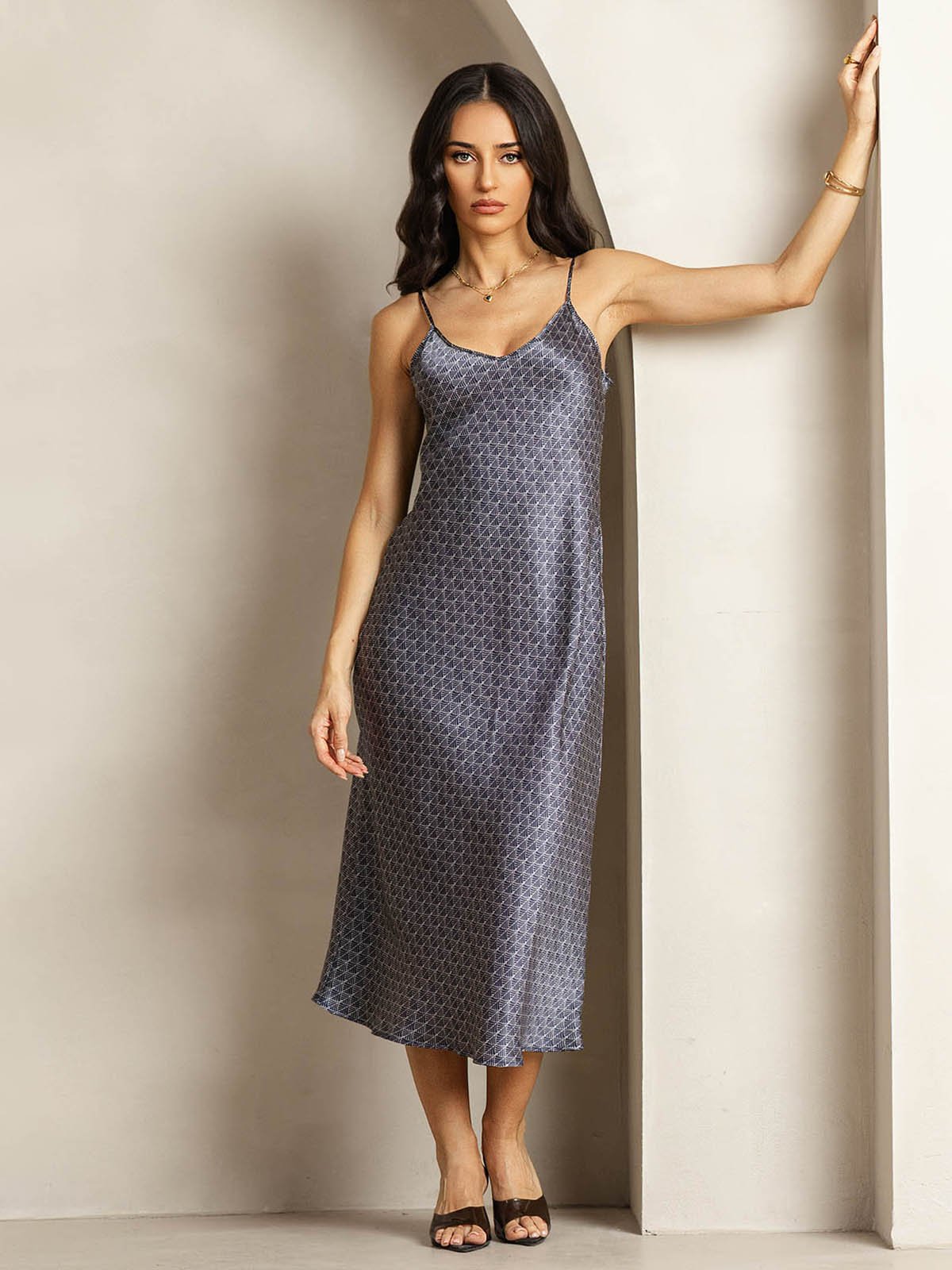 Clearance - 19Momme Silk Navy Ginkgo Print V Neck Adjustable Strap Midi Dress