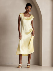 Clearance - 19Momme Silk Round Neck Cap Sleeve Midi Dress