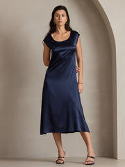 Clearance - 19Momme Silk Round Neck Cap Sleeve Midi Dress