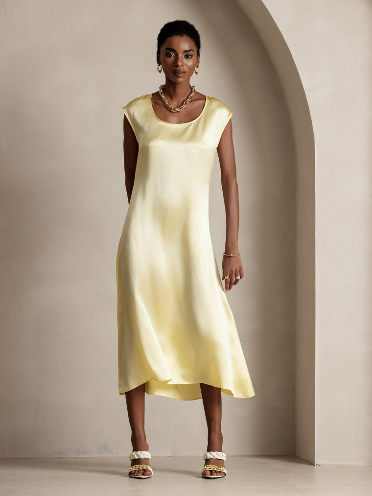 Clearance - 19Momme Silk Round Neck Cap Sleeve Midi Dress